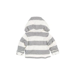 Striped hoodie with gray and white horizontal stripes on a white background