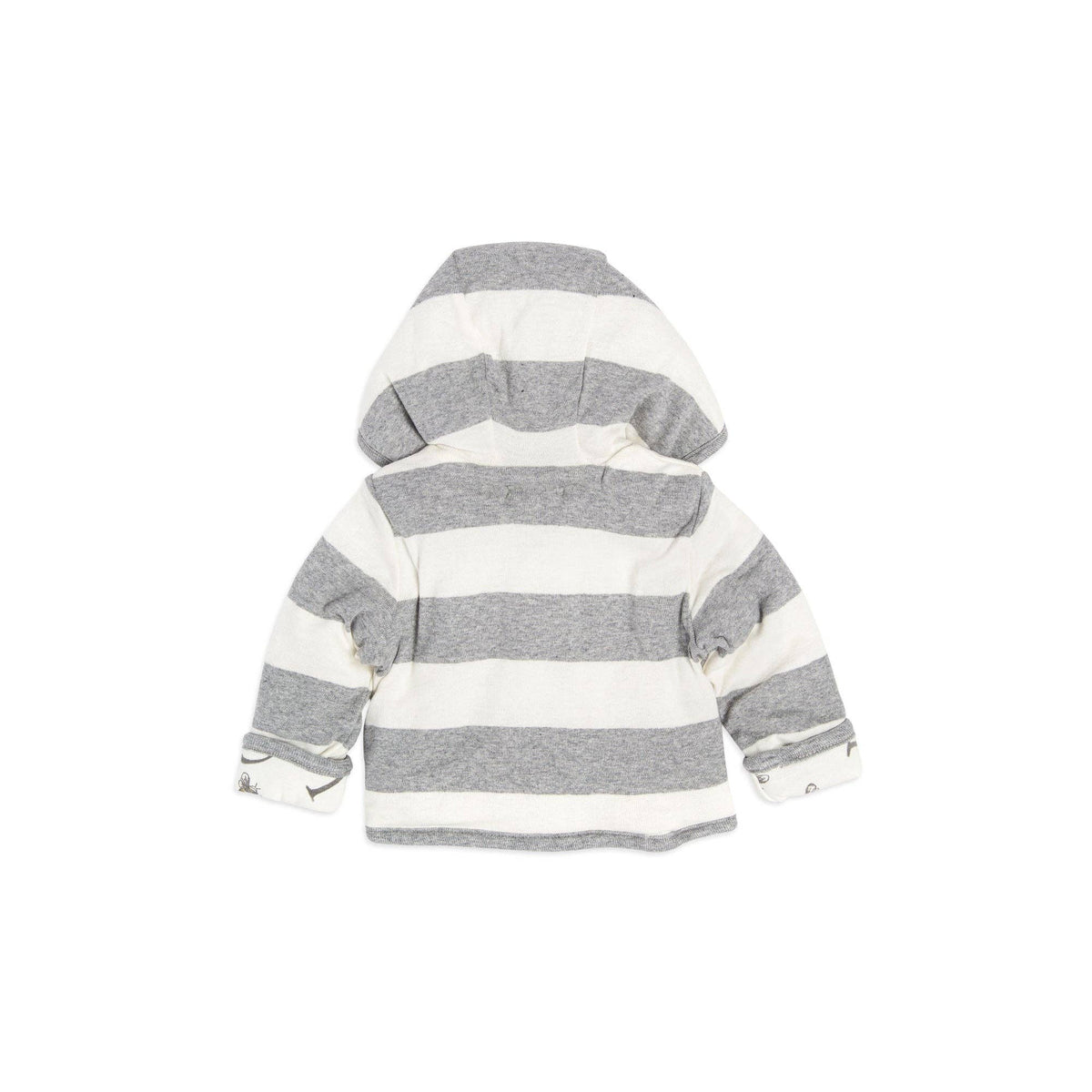 Striped hoodie with gray and white horizontal stripes on a white background