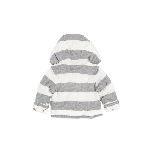 Striped hoodie with gray and white horizontal stripes on a white background