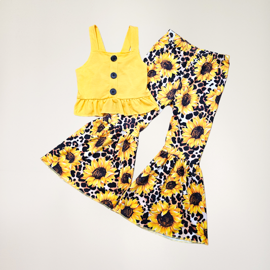 Sleeveless Yellow Sunflower Bell Bottom Set