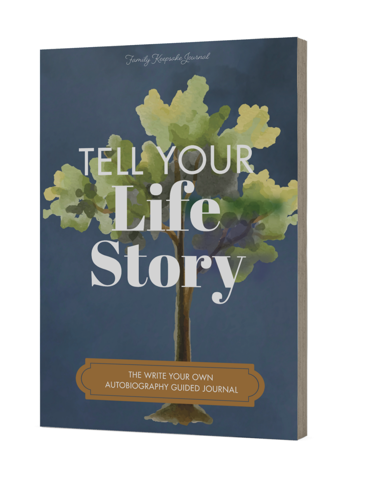 Book cover with tree illustration and text 'Tell Your Life Story' on a blue background
