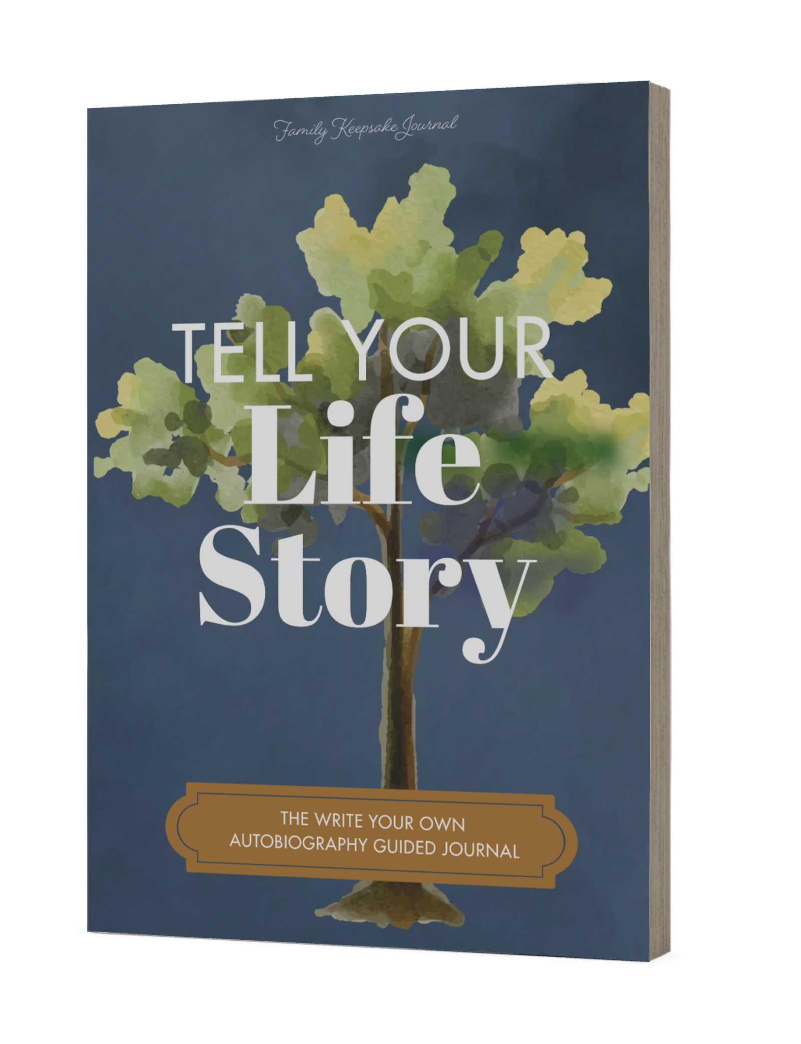 Book cover with tree illustration and text 'Tell Your Life Story' on a blue background