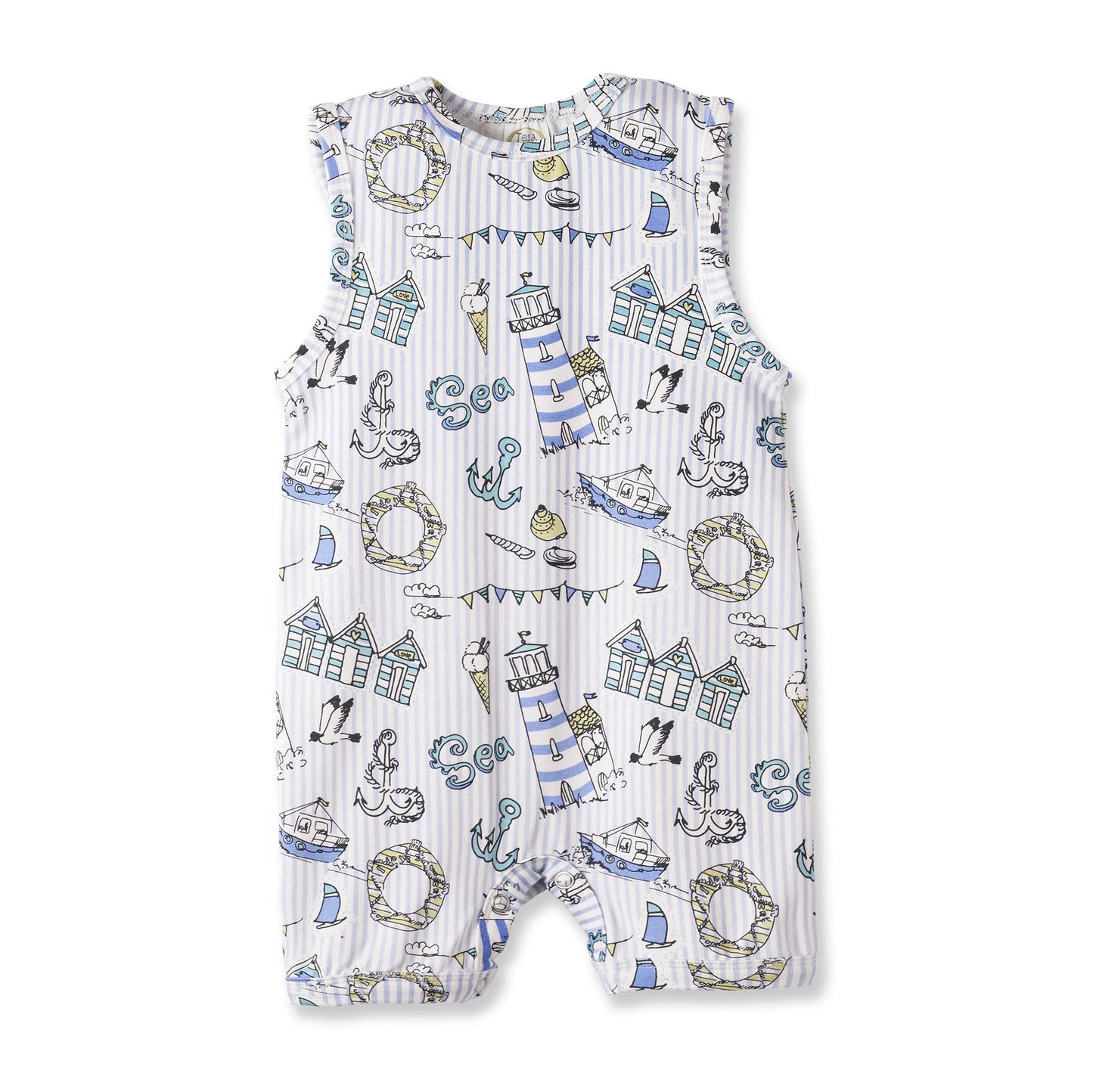 Baby romper with nautical pattern on a white background