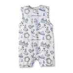 Baby romper with nautical pattern on a white background