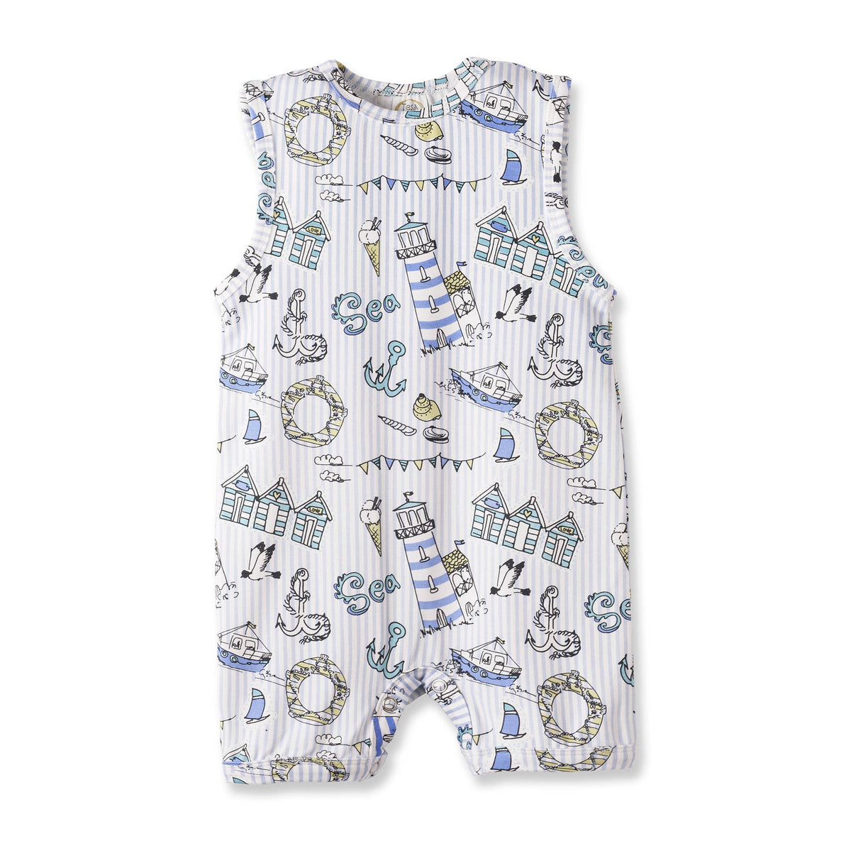 Baby romper with nautical pattern on a white background