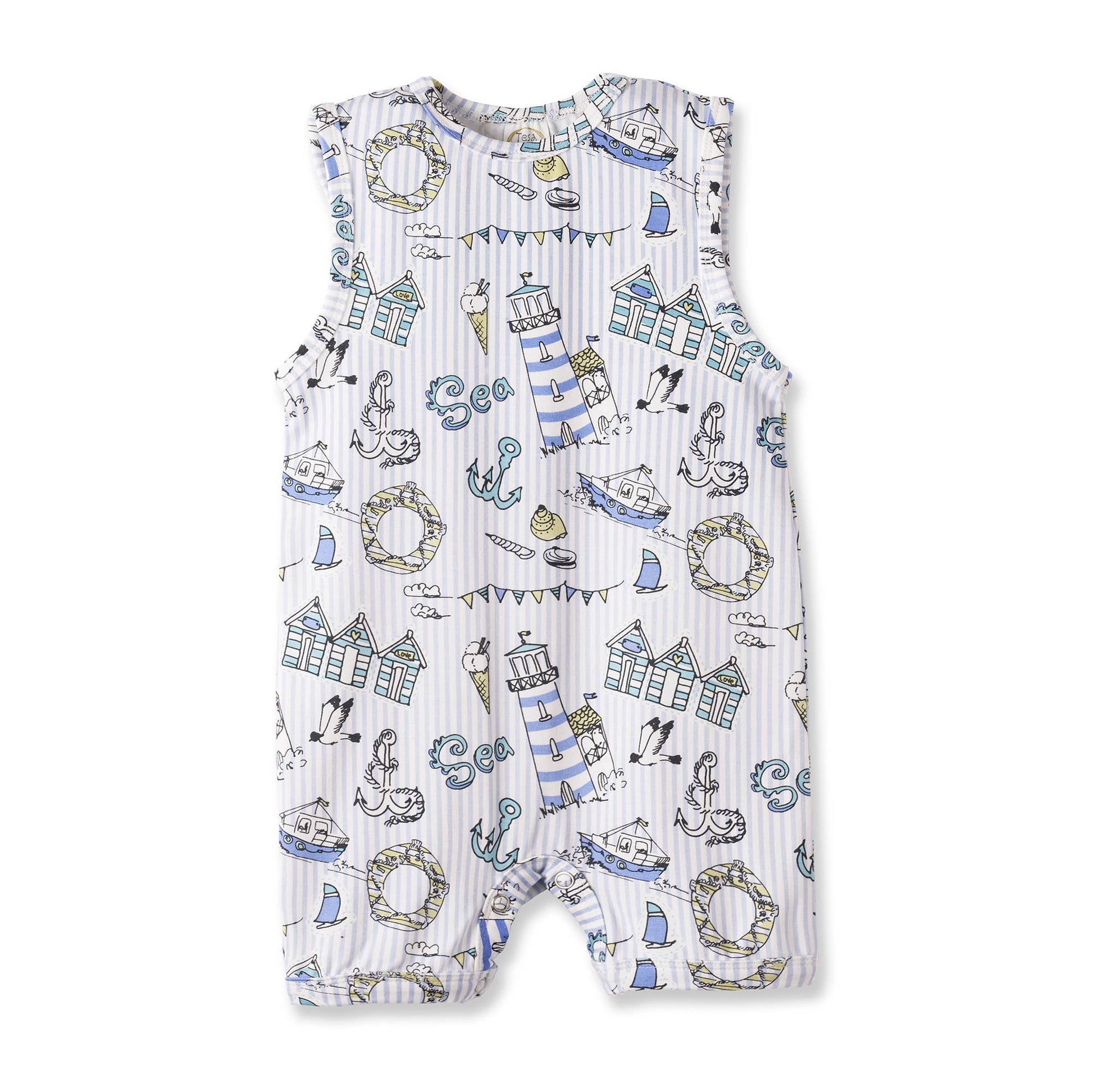 Baby romper with nautical pattern on a white background