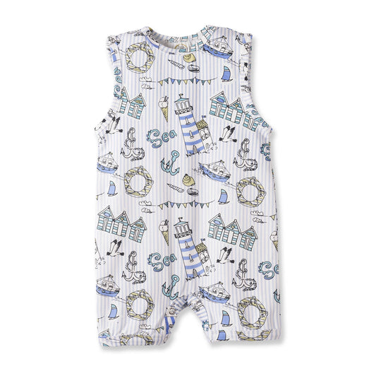 Baby romper with nautical pattern on a white background