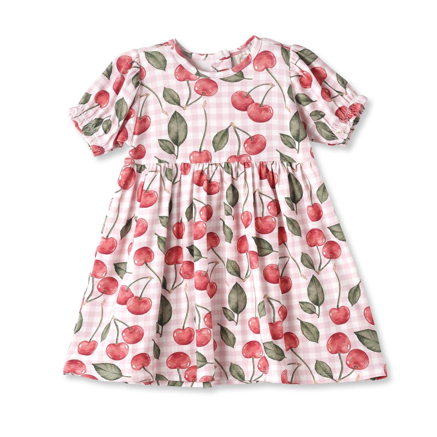 Children's dress with cherry pattern on a white background