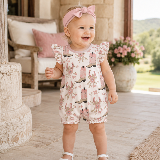 A toddler girl wearing a pink ruffled romper with a cowboy boot and floral print, standing on a stone porch.