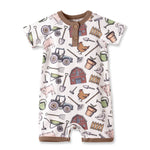 Baby romper with farm-themed pattern on a white background