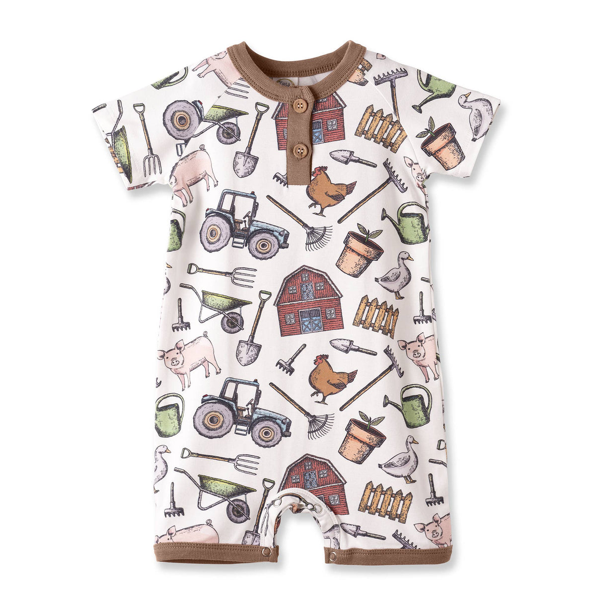 Baby romper with farm-themed pattern on a white background