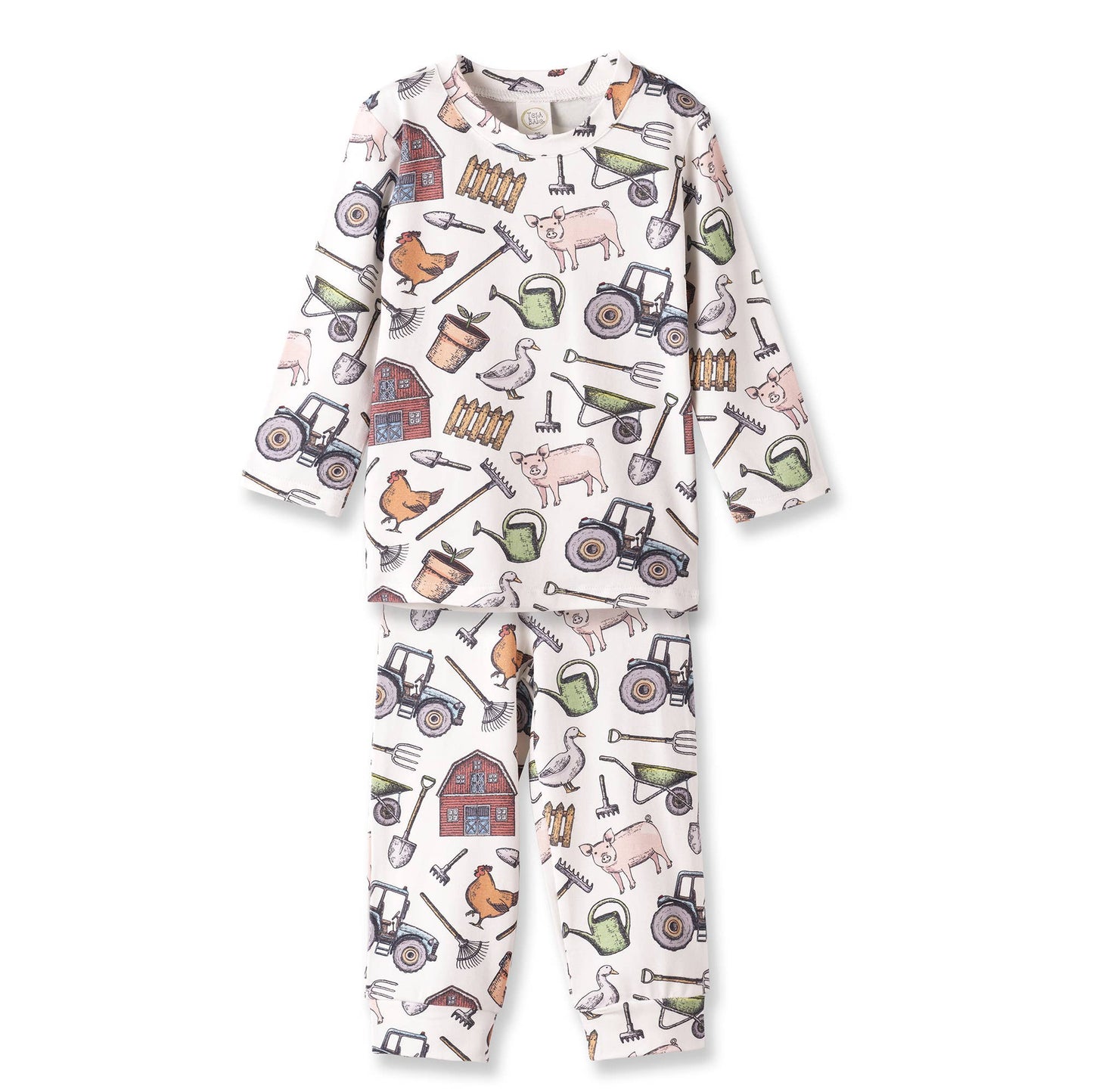 Children's pajama set with farm-themed pattern on a white background