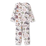 Children's pajama set with farm-themed pattern on a white background