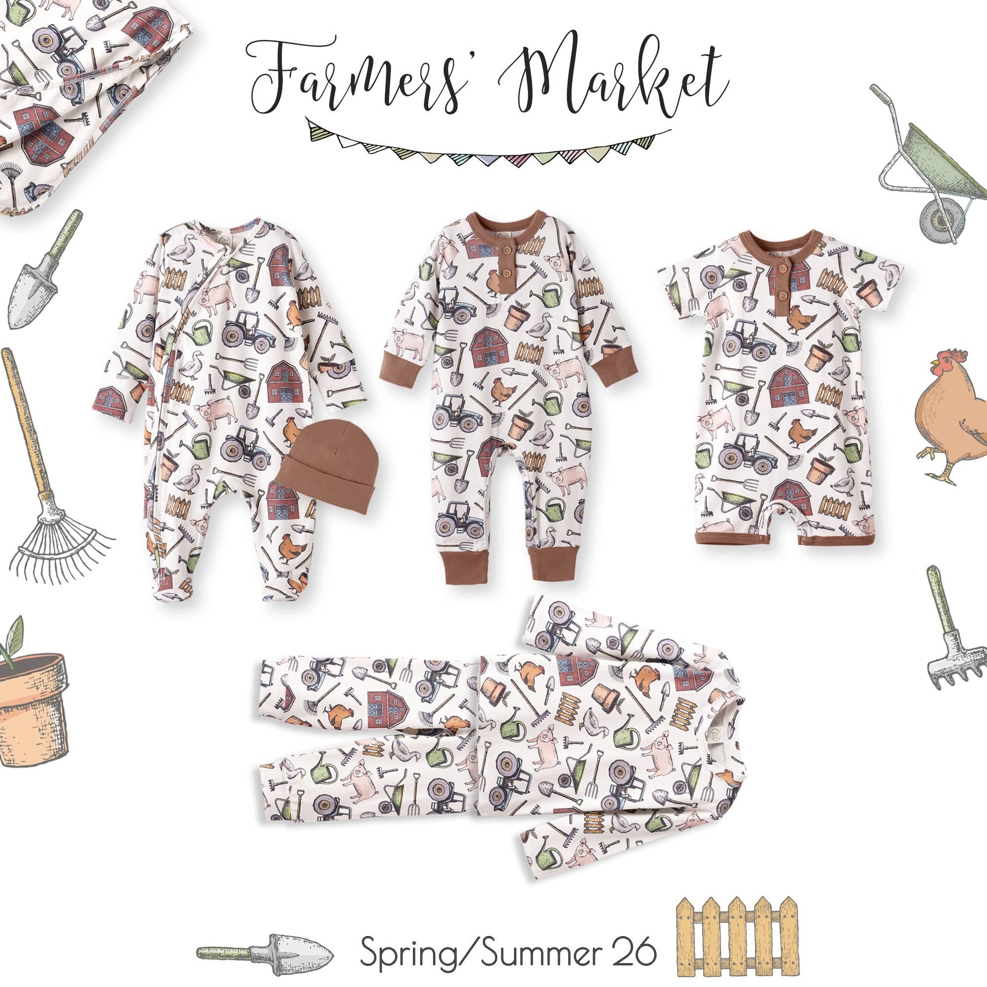 Children's pajamas with farm-themed design on a white background, labeled 'Farmers' Market'.