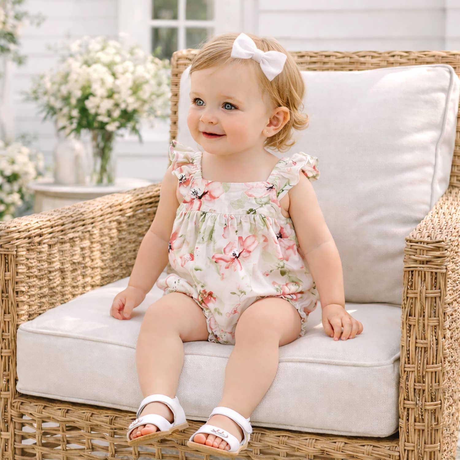 Baby girl in a floral romper sitting on a wicker chair outdoors.