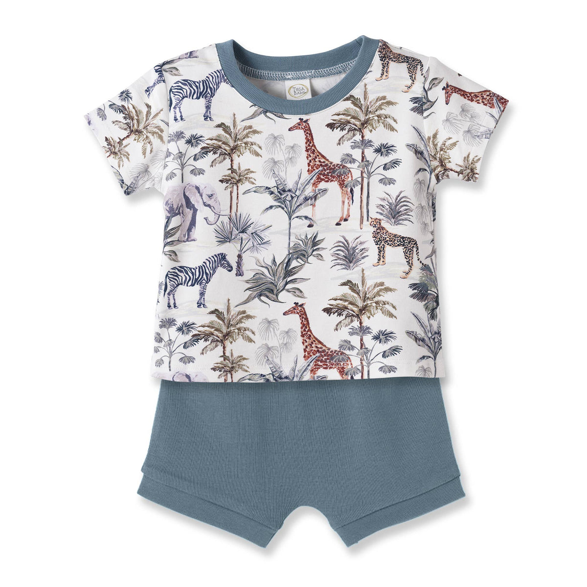 Children's outfit with animal print shirt and blue shorts on a white background