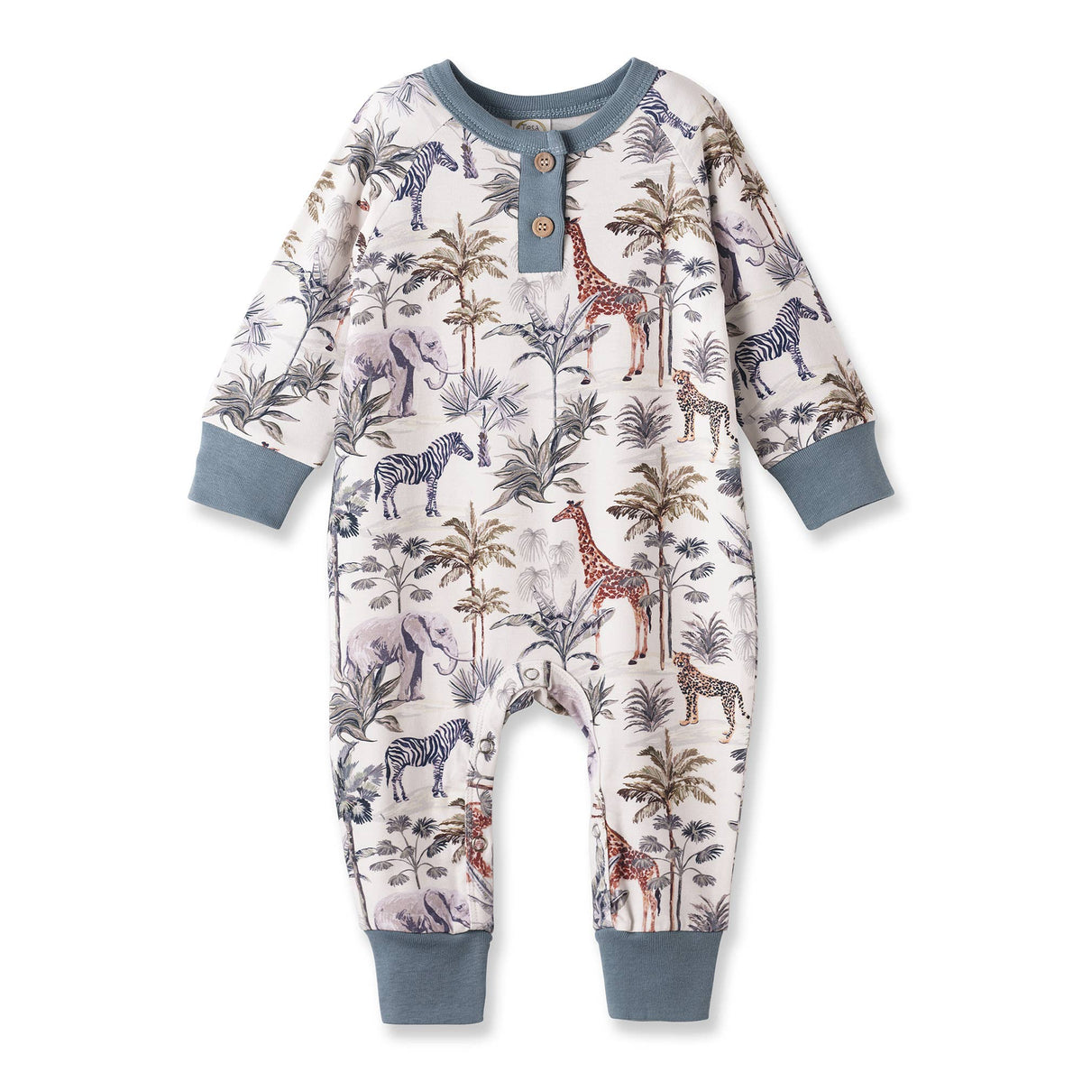 Children's onesie with animal print on a white background