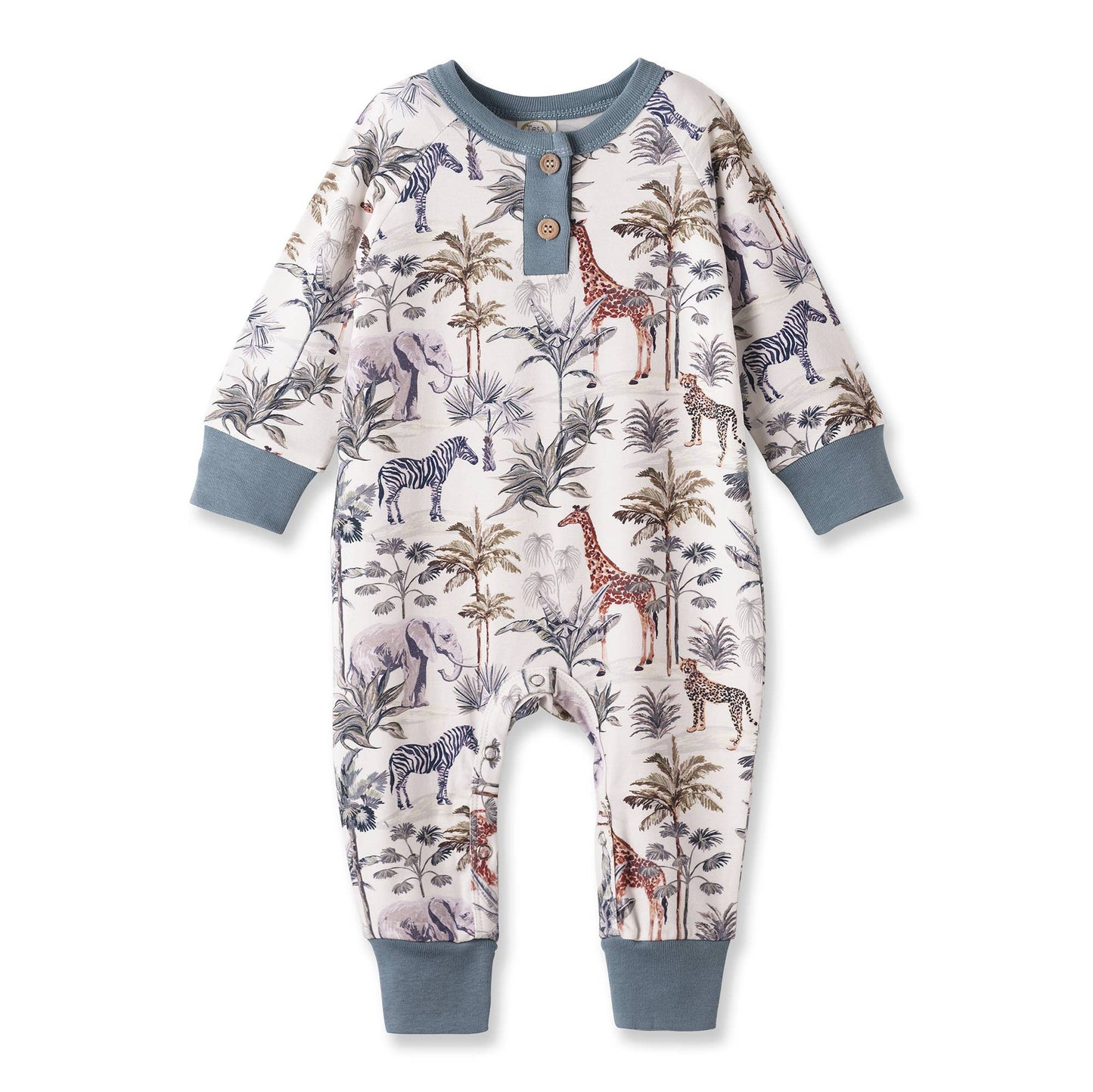 Children's onesie with animal print on a white background