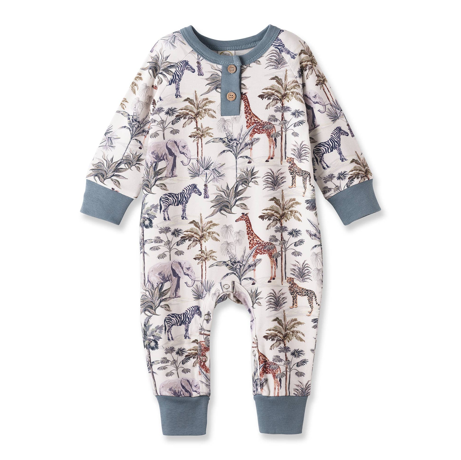 Children's onesie with animal print on a white background