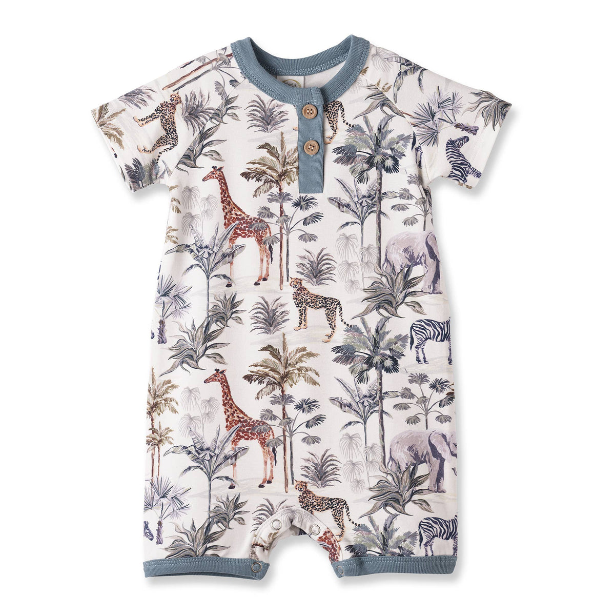 Baby romper with jungle animal print on a white background