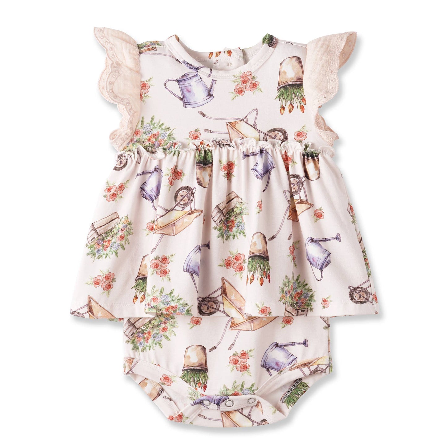 Baby romper with gardening-themed print on a white background