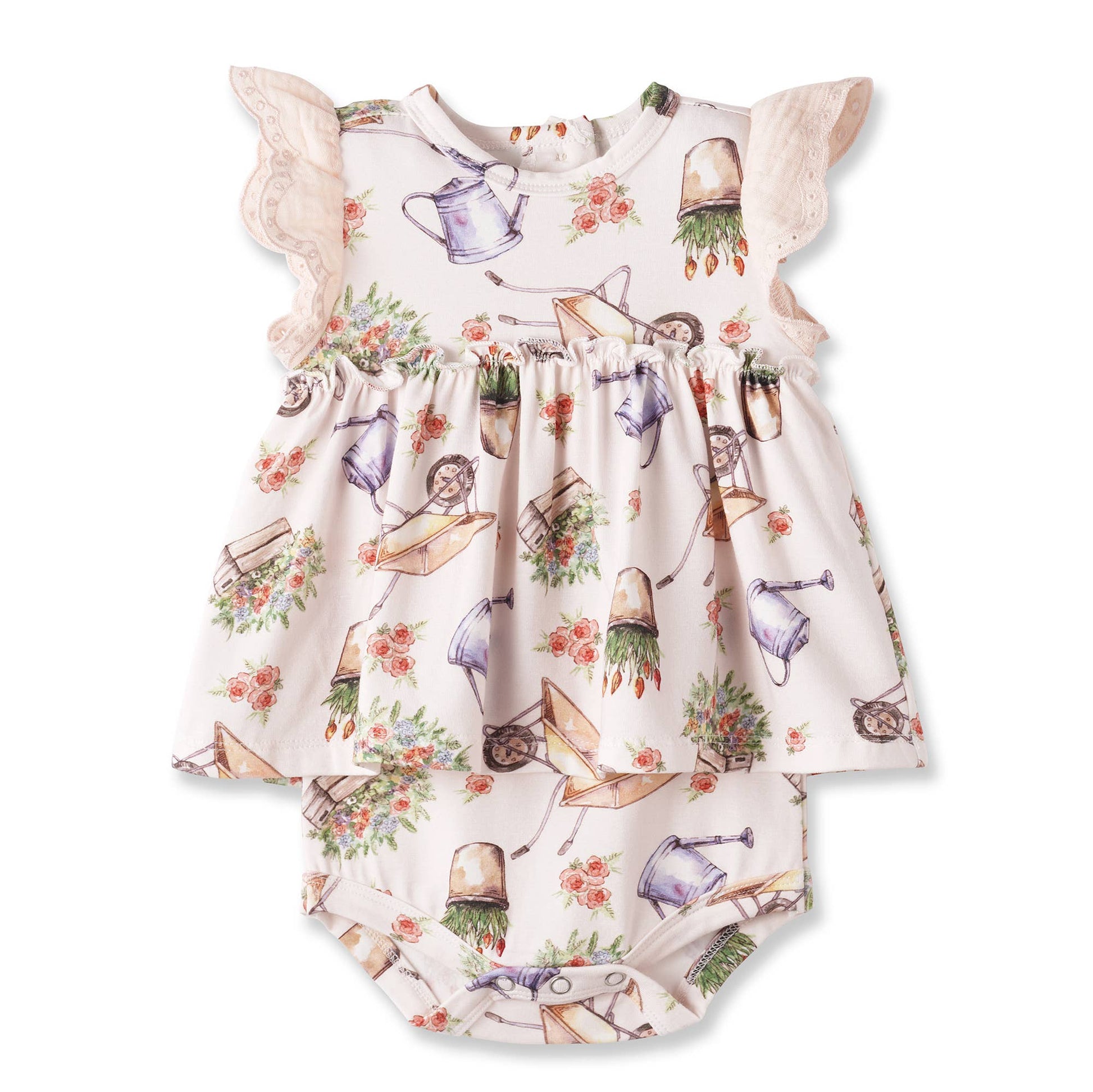 Baby romper with gardening-themed print on a white background