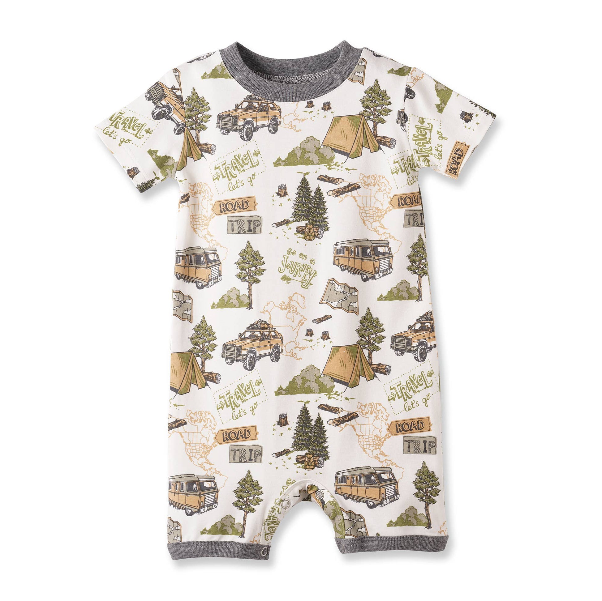 Children's romper with camping-themed print on a white background