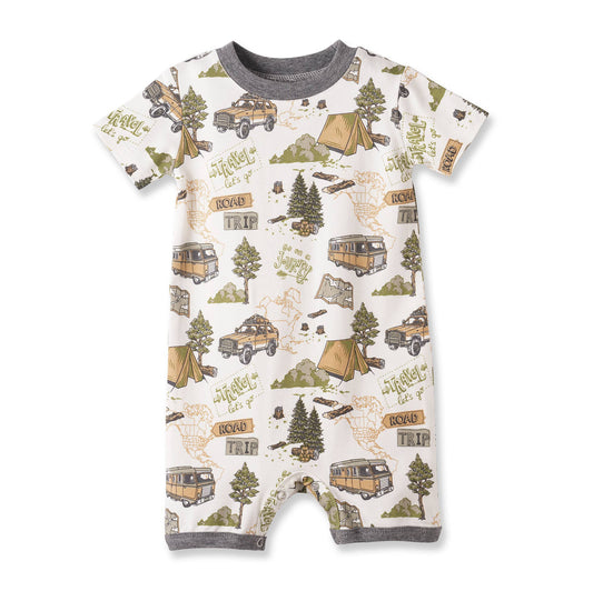 Children's romper with camping-themed print on a white background
