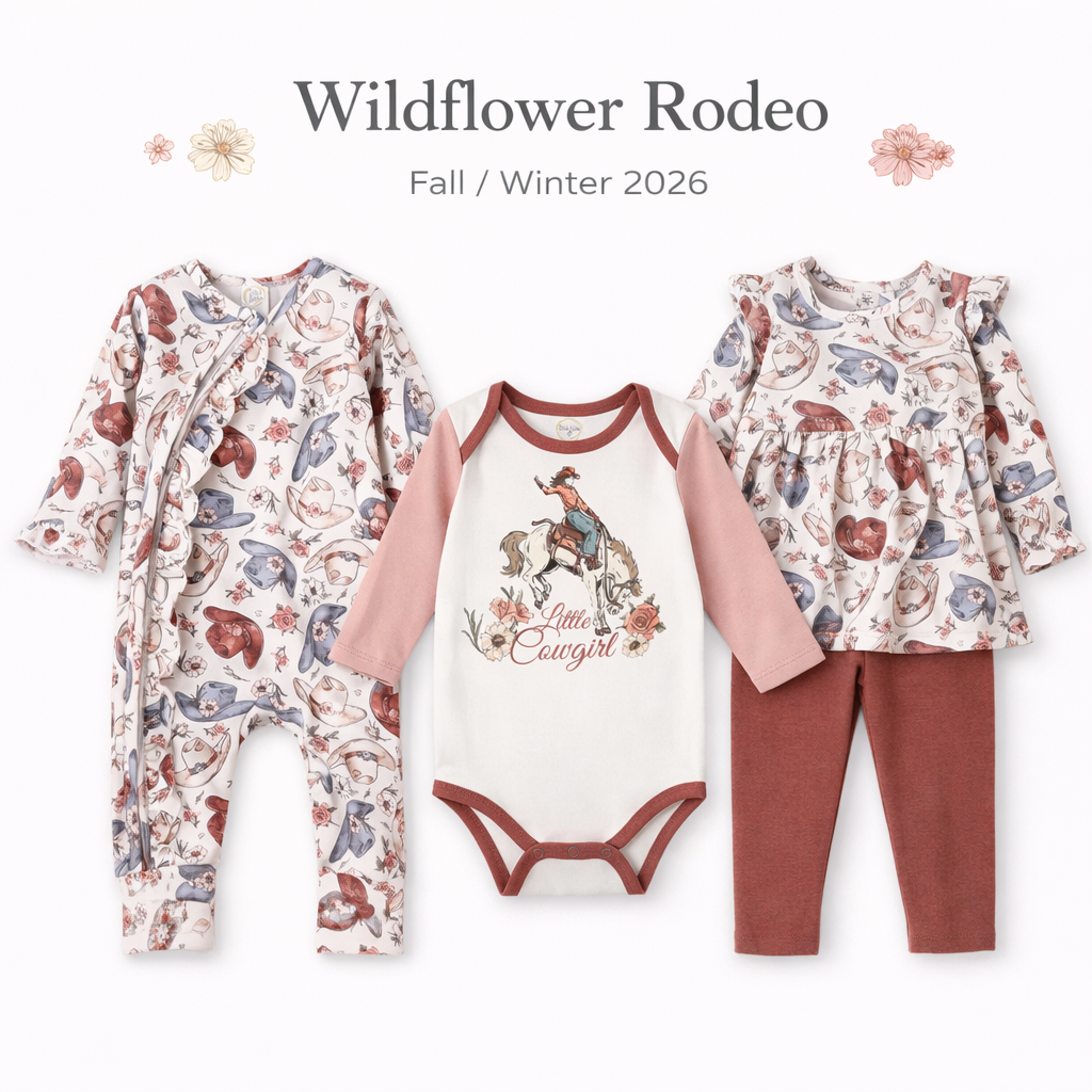 Three baby clothing pieces from Wildflower Rodeo for Fall / Winter 2026 displayed together on a white background: a patterned footless one-piece, a white long-sleeve bodysuit with dusty pink sleeves and brown trim, and a matching top with ruffled sleeves and rust-brown leggings. The text 'Wildflower Rodeo' and 'Fall / Winter 2026' appears above.