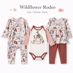 Three baby clothing pieces from Wildflower Rodeo for Fall / Winter 2026 displayed together on a white background: a patterned footless one-piece, a white long-sleeve bodysuit with dusty pink sleeves and brown trim, and a matching top with ruffled sleeves and rust-brown leggings. The text 'Wildflower Rodeo' and 'Fall / Winter 2026' appears above.