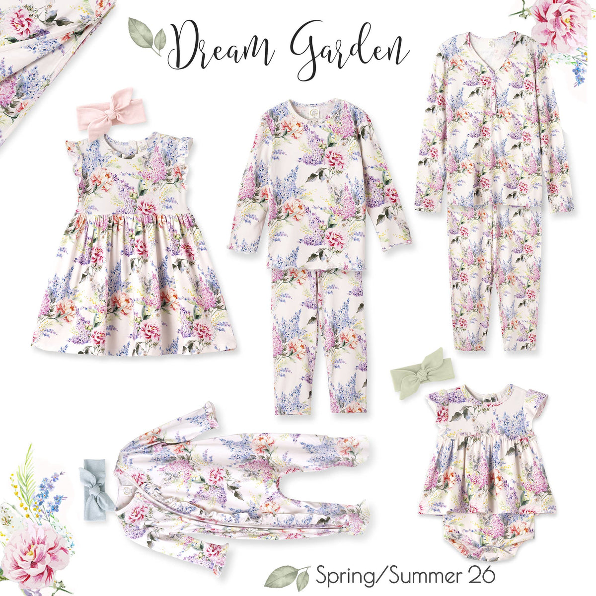 Collection of floral children's clothing with 'Dream Garden' branding and 'Spring/Summer 2026' text.