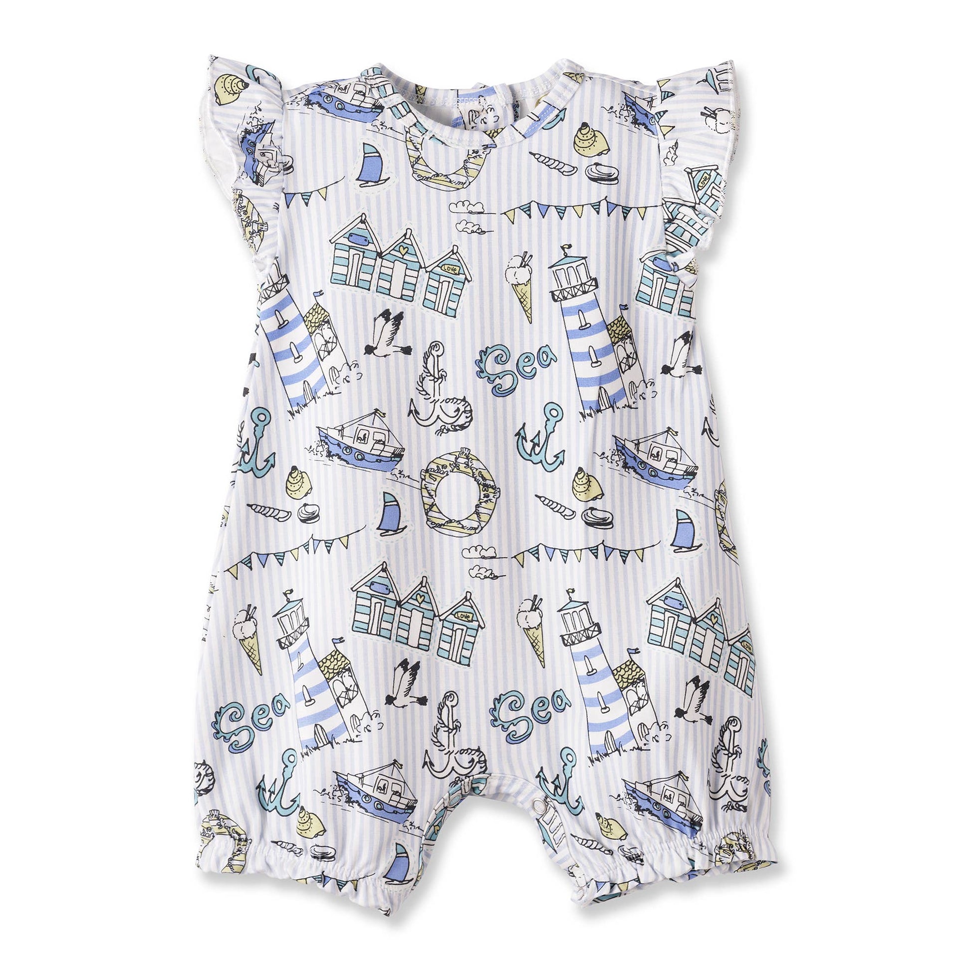 Baby romper with nautical pattern on a white background