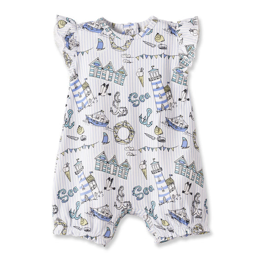 Baby romper with nautical pattern on a white background