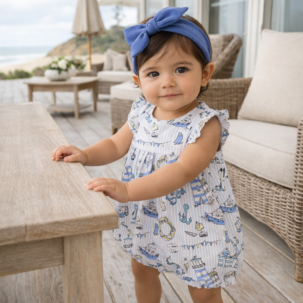 Baby girl in a nautical-themed romper with a blue headband standing on a wooden deck.