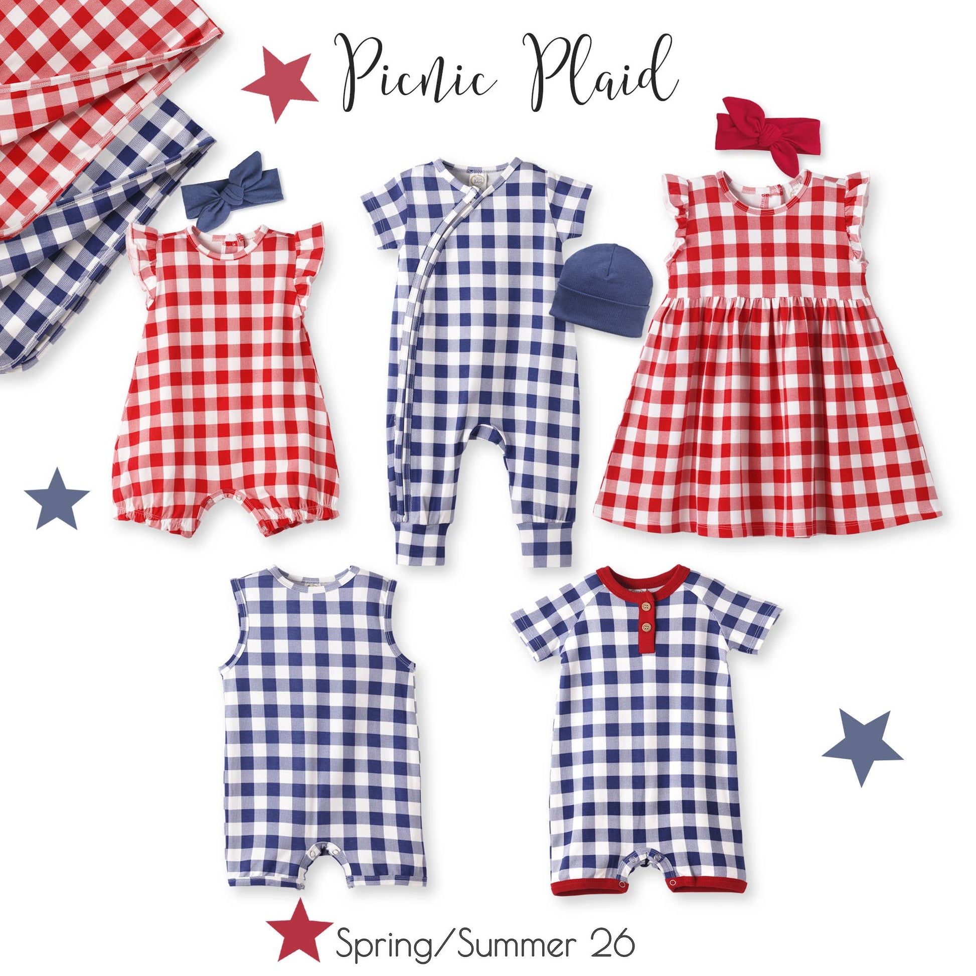 Collection of red, white, and blue checkered children's clothing on a white background with 'Picnic Plaid' text.