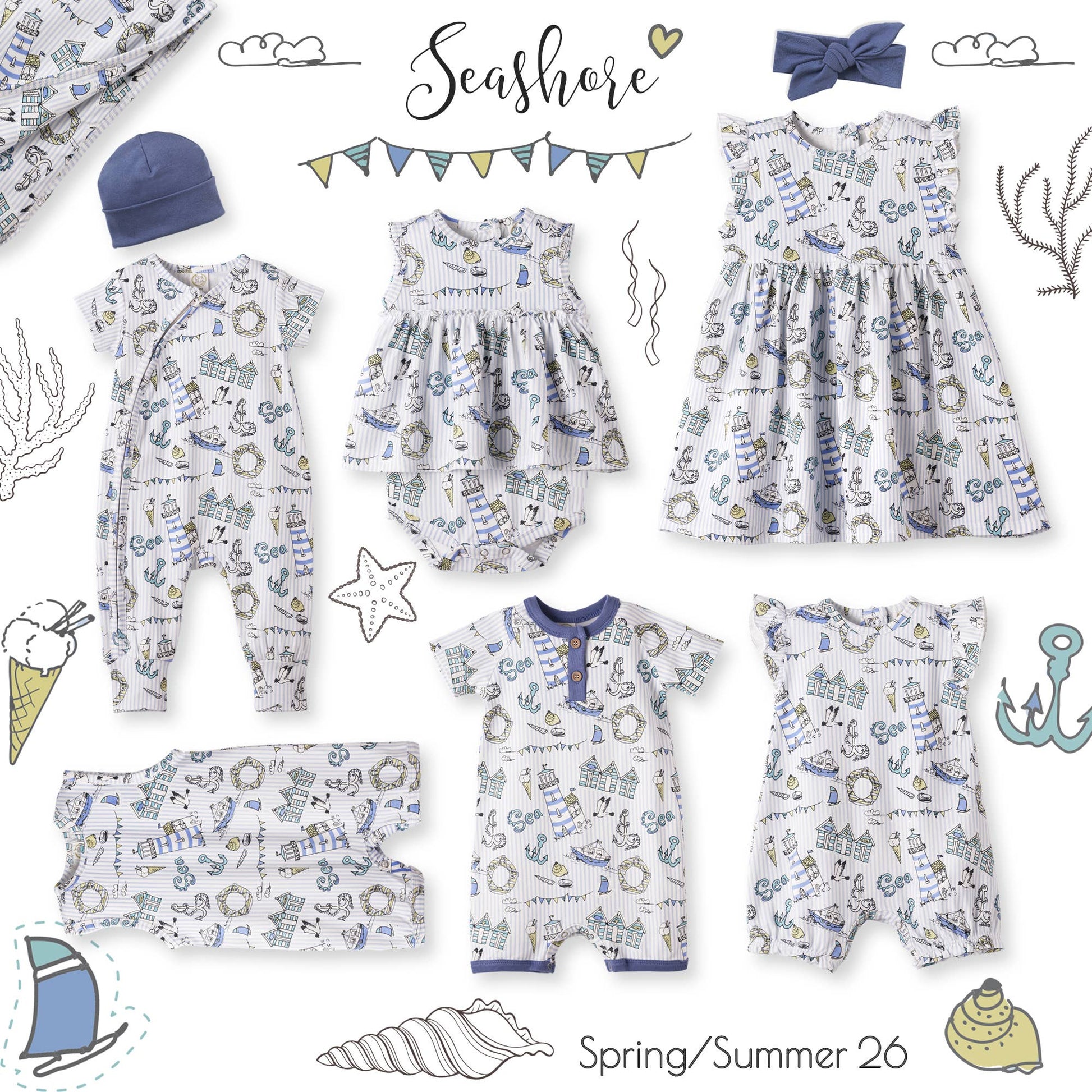 Collection of children's clothing with seashore theme and 'Seashore' text.
