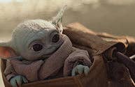 Baby Yoda in a pouch with a blurred background