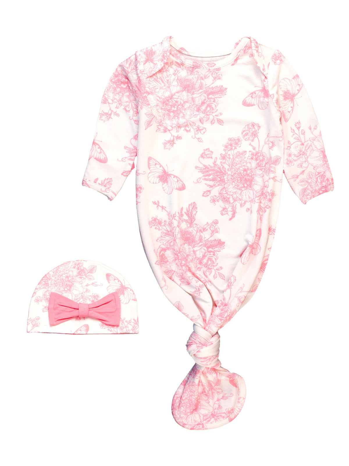 Pink and white baby outfit with matching hat on a white background