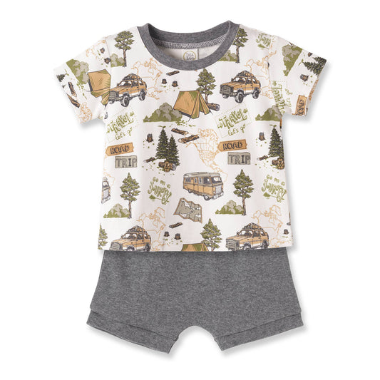 Children's outfit with t-shirt and shorts featuring camping-themed print on a white background