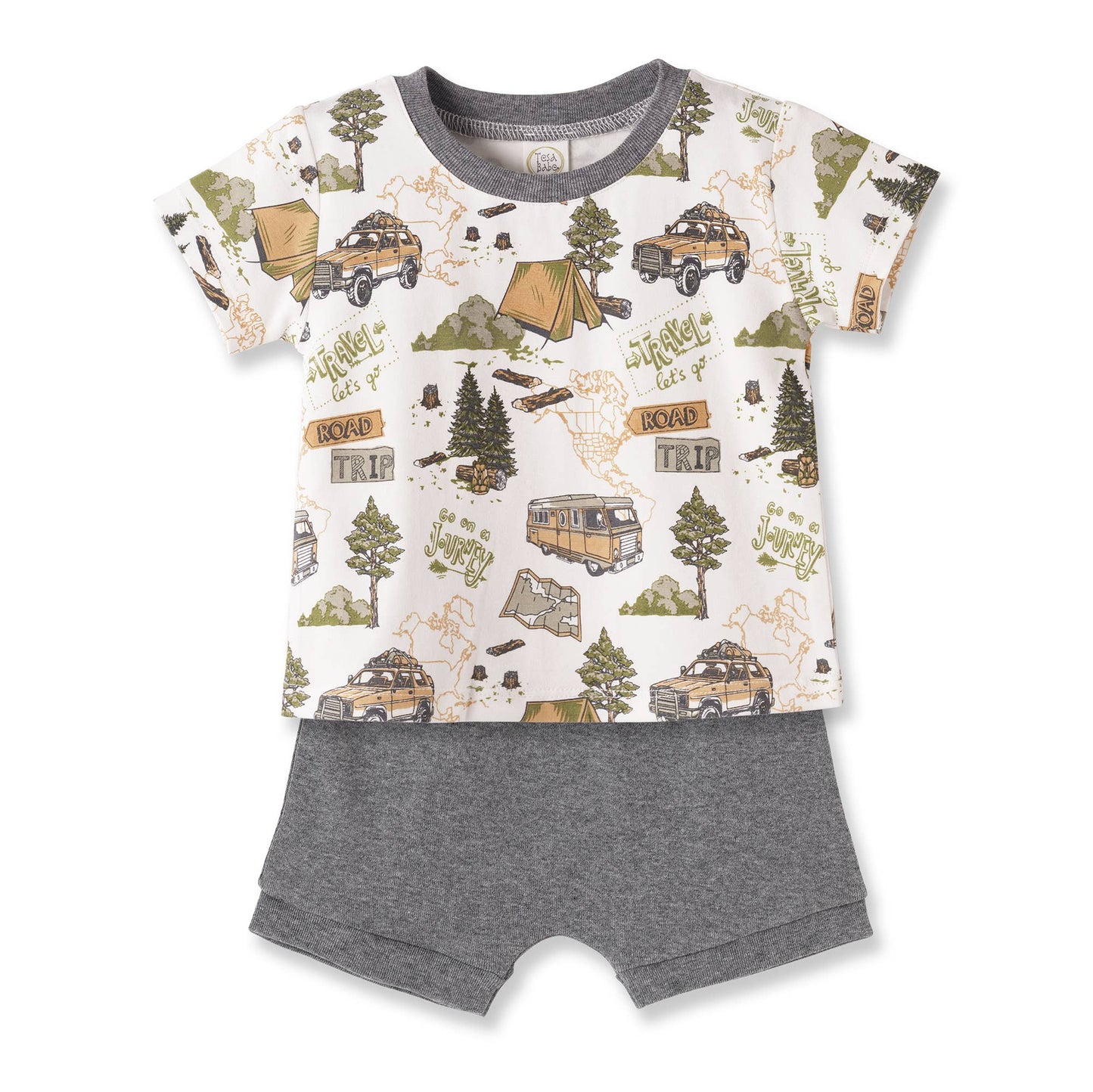 Children's outfit with t-shirt and shorts featuring camping-themed print on a white background