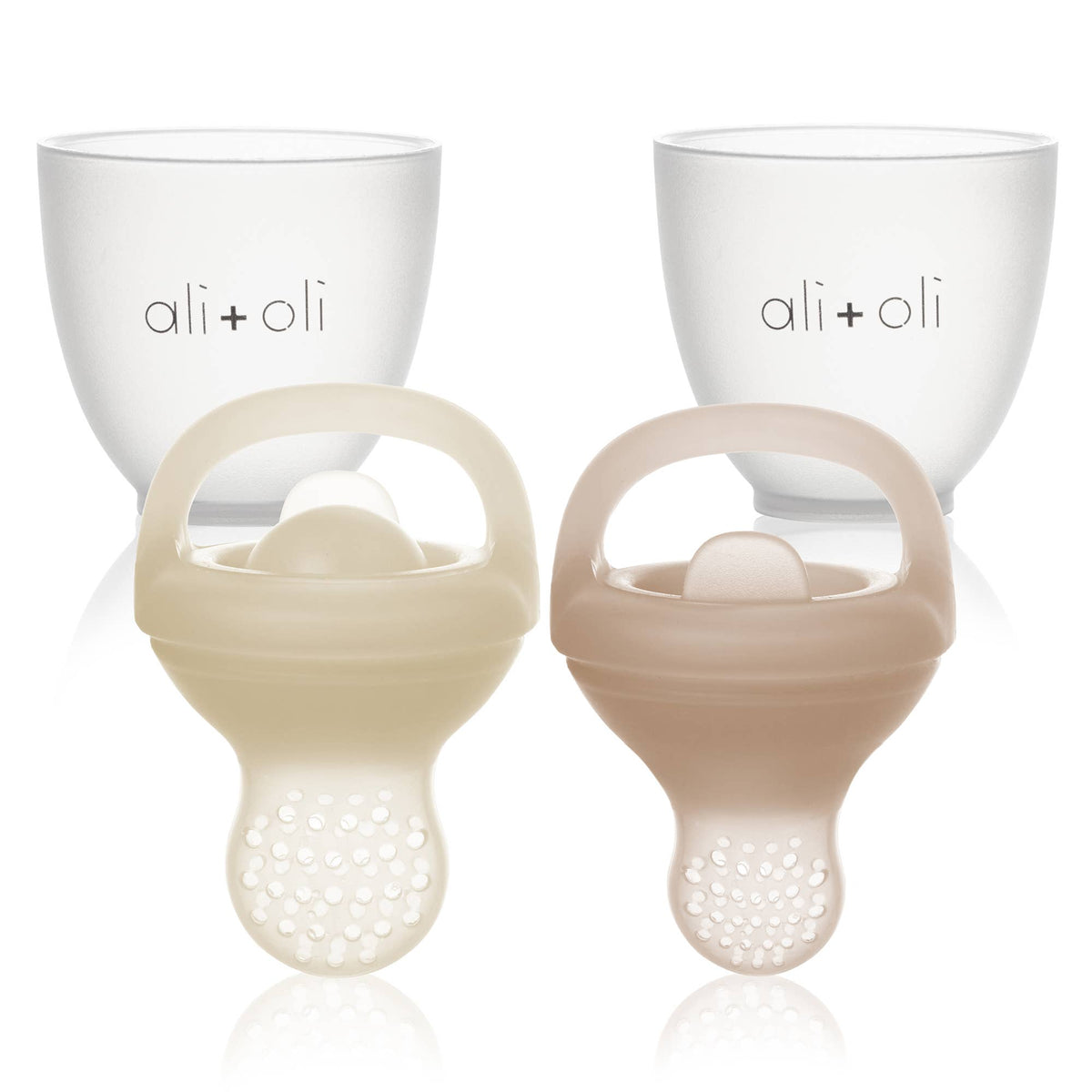 Two baby self feeder pacifiers with 'ali+oli' branding on a white background