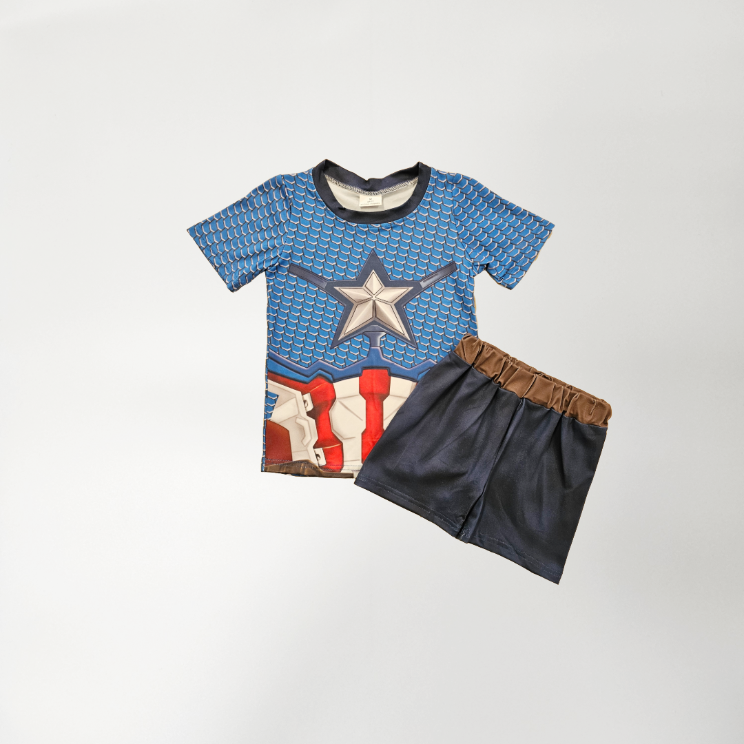 Super hero red, white, blue  boy two piece summer set.