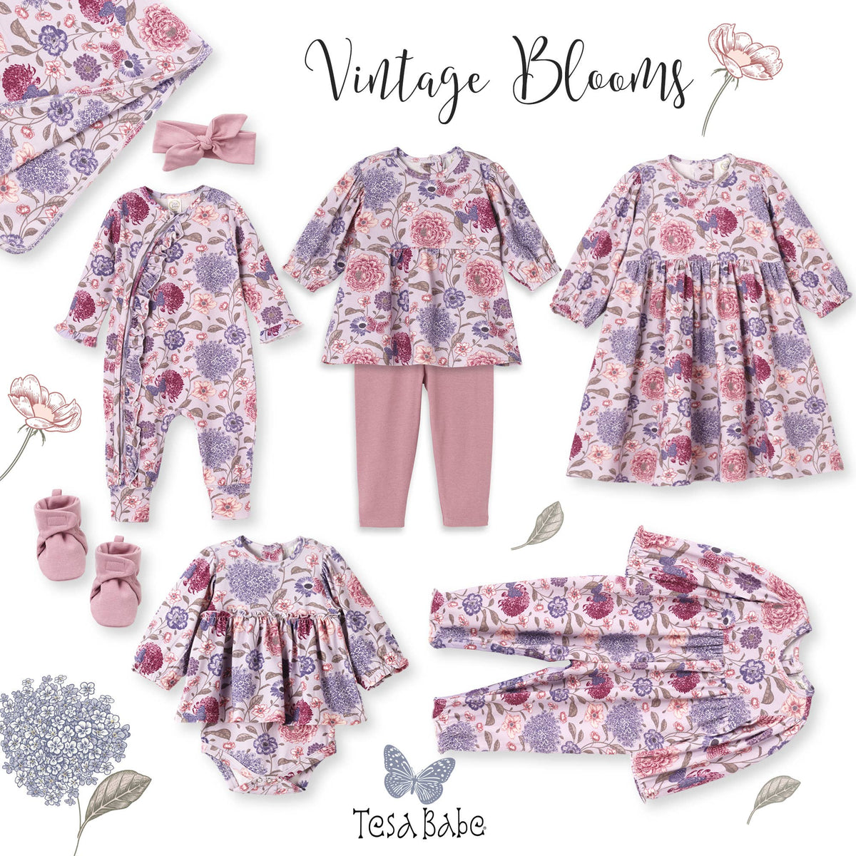 Collection of floral baby clothing and accessories with 'Vintage Blooms' text and 'Tessa Babe' branding.