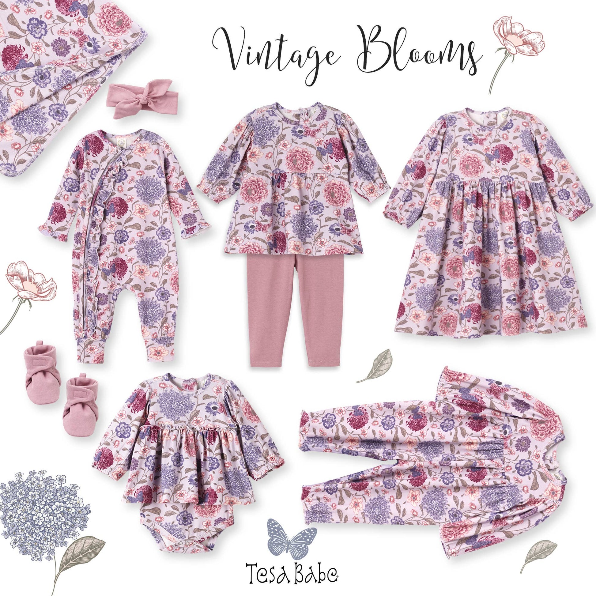 Collection of floral baby clothing and accessories with 'Vintage Blooms' text and 'Tessa Babe' branding.