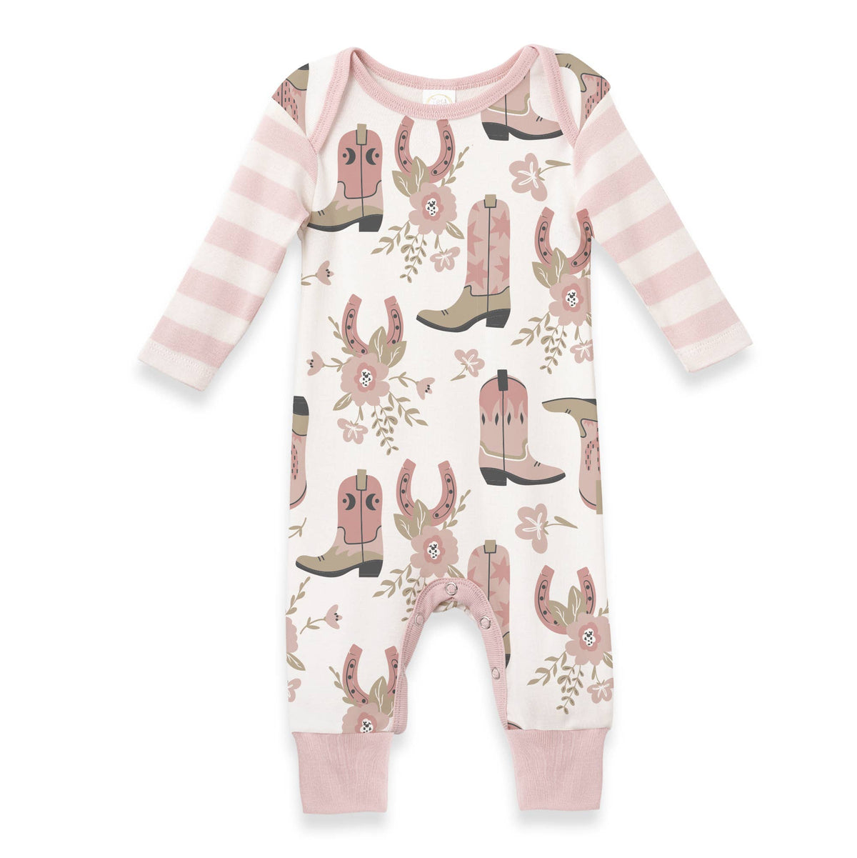 Pink and white western boots print romper