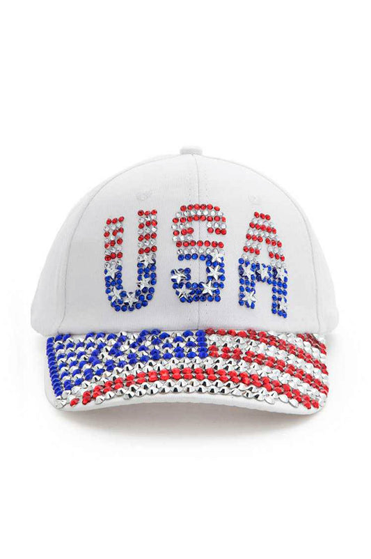 White cap with 'USA' in blue and an American flag design on a white background
