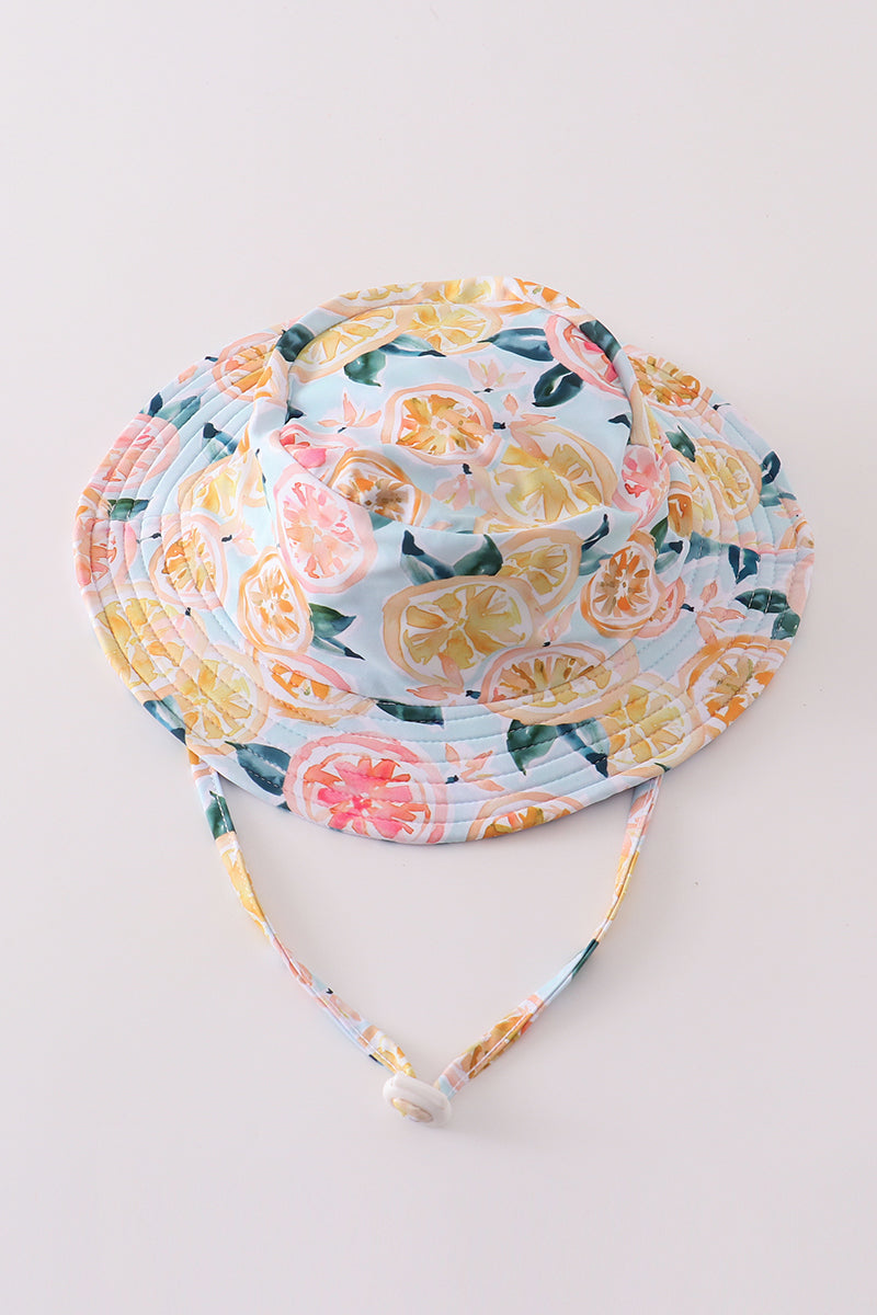 White and Green Stripe Lemon Print Sun Hat