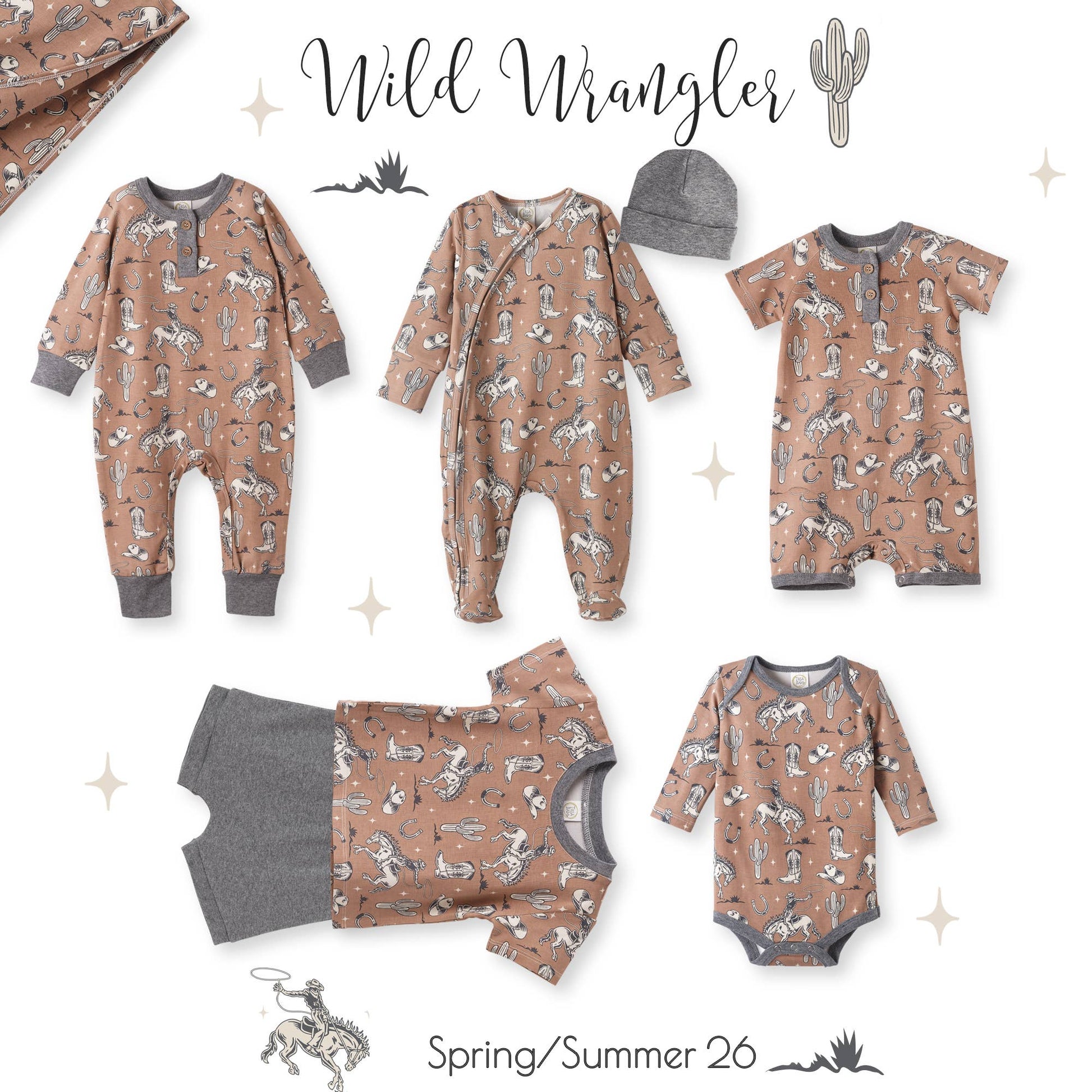 Collection of baby rompers with cowboy western patterns and a hat, branded 'Wild Wrangler', on a white background.