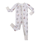 Baby onesie with a pattern of penguin cartoon characters on a white background