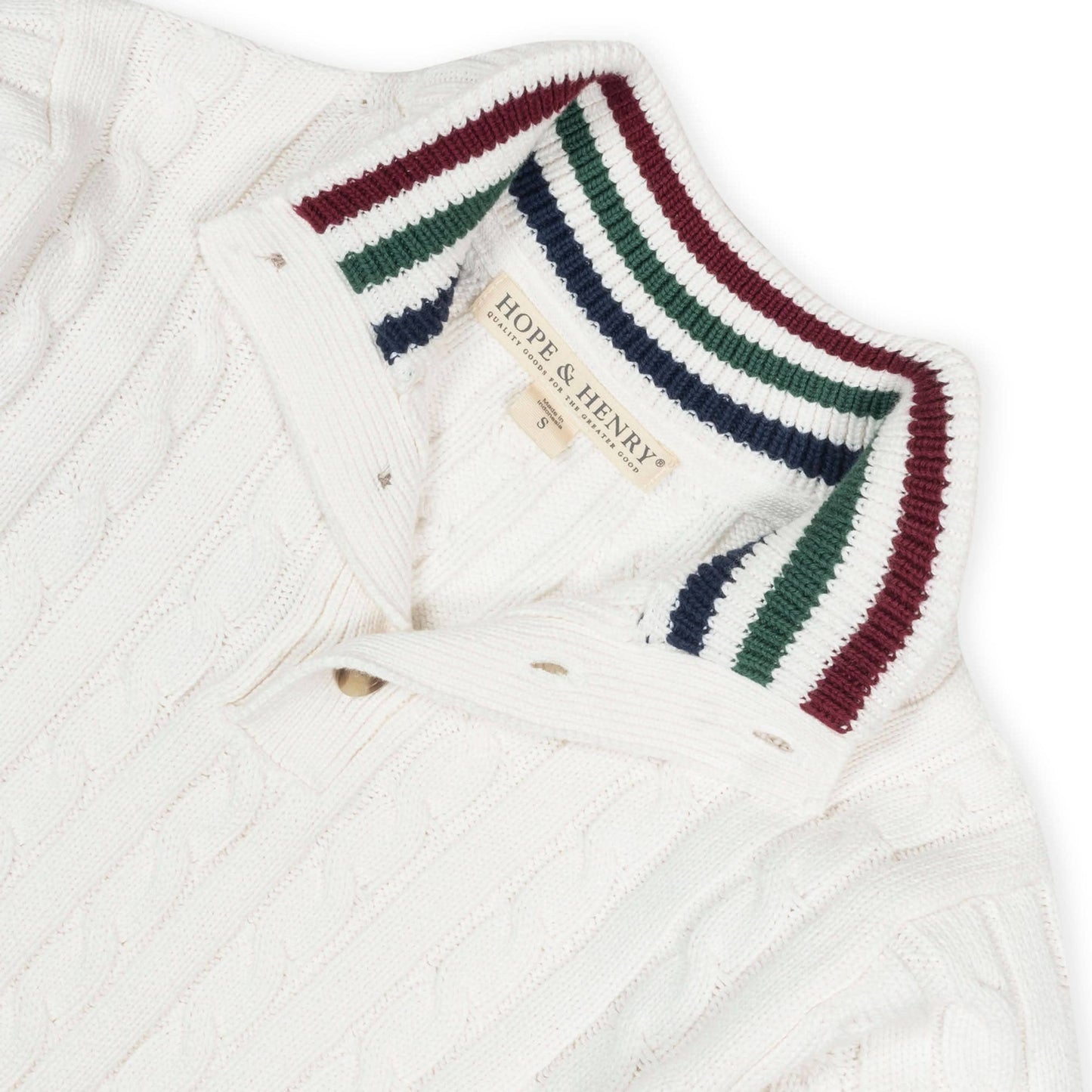 White cable knit sweater with striped collar on a white background, featuring the Hope & Henry brand.